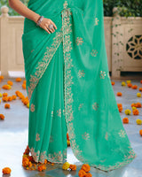 Vishal Prints Sea Green Designer Fancy Chiffon Saree With Diamond Work And Cut Work Embroidery Border