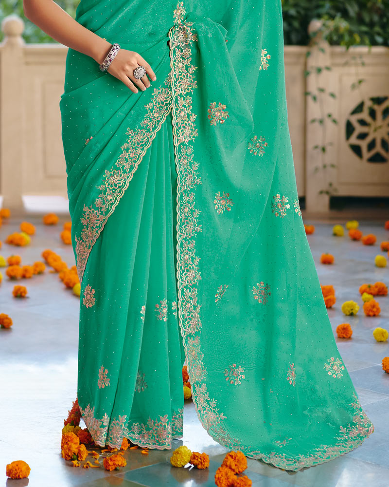 Vishal Prints Sea Green Designer Fancy Chiffon Saree With Diamond Work And Cut Work Embroidery Border