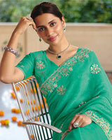 Vishal Prints Sea Green Designer Fancy Chiffon Saree With Diamond Work And Cut Work Embroidery Border