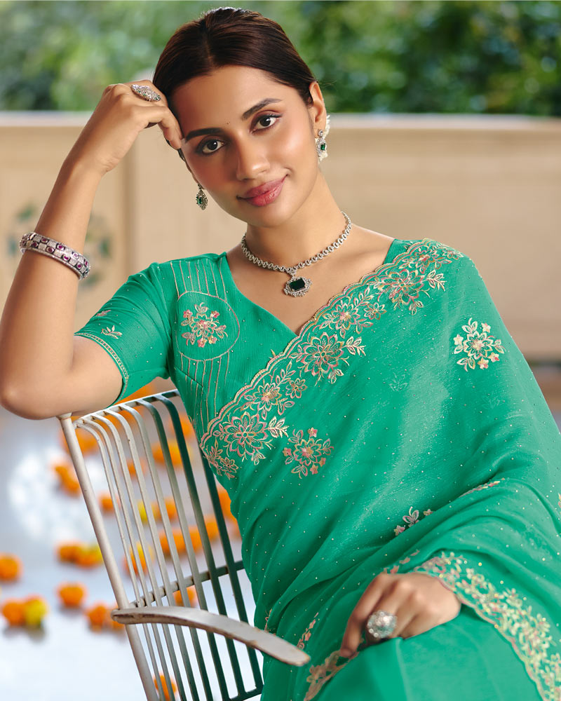 Vishal Prints Sea Green Designer Fancy Chiffon Saree With Diamond Work And Cut Work Embroidery Border
