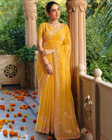 Vishal Prints Mustard Designer Fancy Chiffon Saree With Diamond Work And Cut Work Embroidery Border