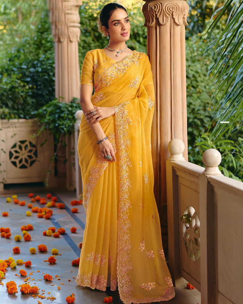 Vishal Prints Mustard Designer Fancy Chiffon Saree With Diamond Work And Cut Work Embroidery Border