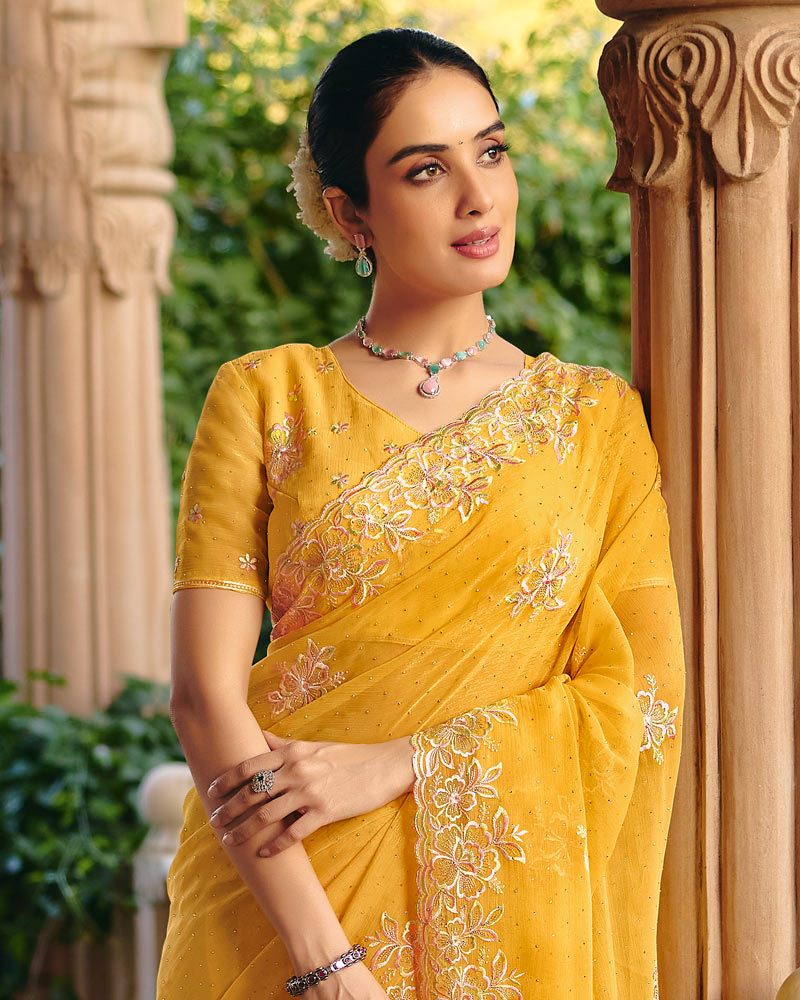 Vishal Prints Mustard Designer Fancy Chiffon Saree With Diamond Work And Cut Work Embroidery Border