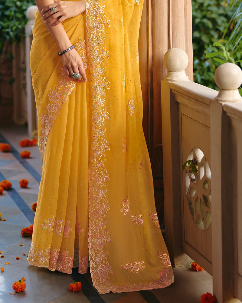 Vishal Prints Mustard Designer Fancy Chiffon Saree With Diamond Work And Cut Work Embroidery Border