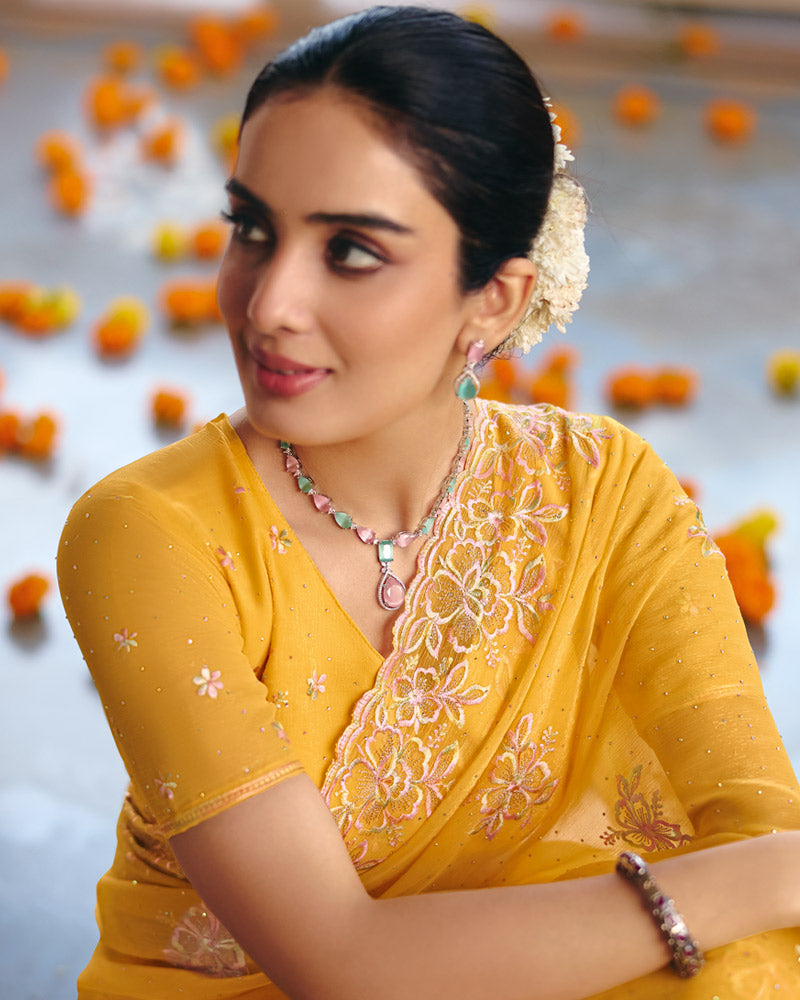 Vishal Prints Mustard Designer Fancy Chiffon Saree With Diamond Work And Cut Work Embroidery Border