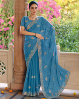 Vishal Prints Electric Blue Designer Fancy Chiffon Saree With Diamond Work And Cut Work Embroidery Border