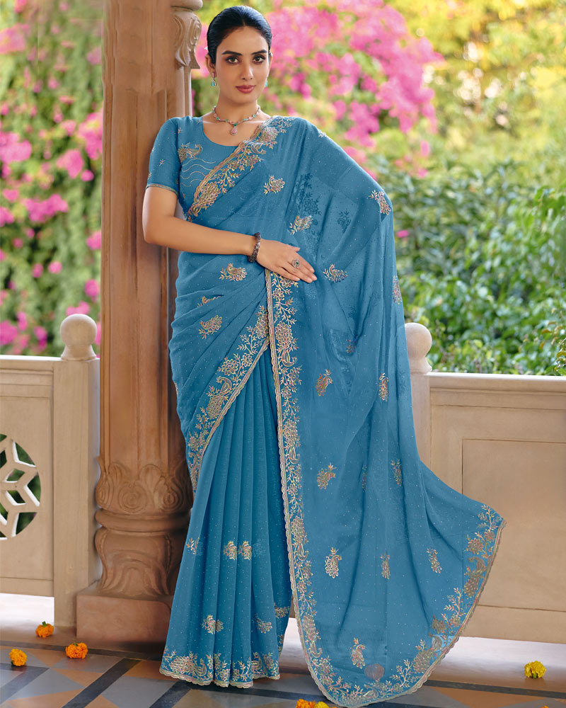 Vishal Prints Electric Blue Designer Fancy Chiffon Saree With Diamond Work And Cut Work Embroidery Border