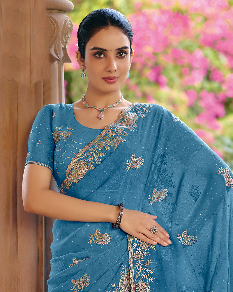 Vishal Prints Electric Blue Designer Fancy Chiffon Saree With Diamond Work And Cut Work Embroidery Border