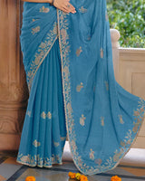 Vishal Prints Electric Blue Designer Fancy Chiffon Saree With Diamond Work And Cut Work Embroidery Border