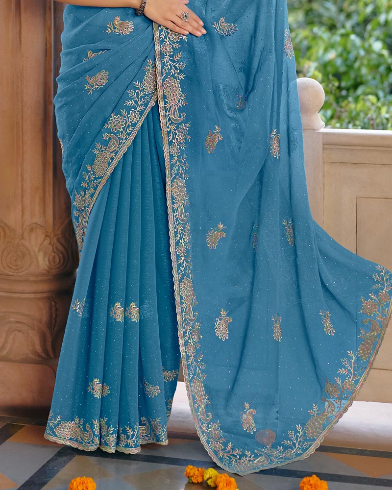 Vishal Prints Electric Blue Designer Fancy Chiffon Saree With Diamond Work And Cut Work Embroidery Border