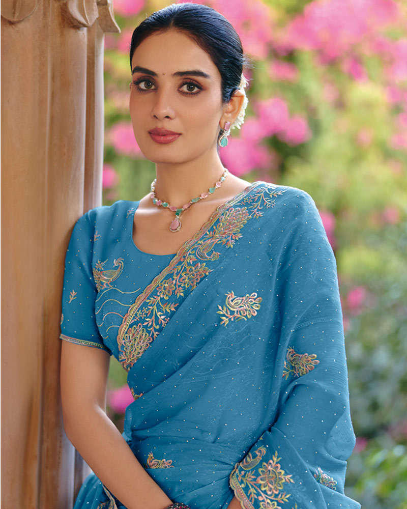 Vishal Prints Electric Blue Designer Fancy Chiffon Saree With Diamond Work And Cut Work Embroidery Border