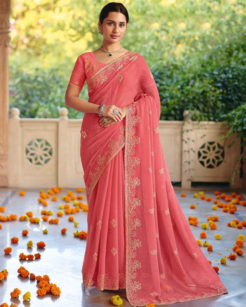Vishal Prints Peach Designer Fancy Chiffon Saree With Diamond Work And Cut Work Embroidery Border