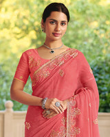 Vishal Prints Peach Designer Fancy Chiffon Saree With Diamond Work And Cut Work Embroidery Border