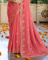 Vishal Prints Peach Designer Fancy Chiffon Saree With Diamond Work And Cut Work Embroidery Border