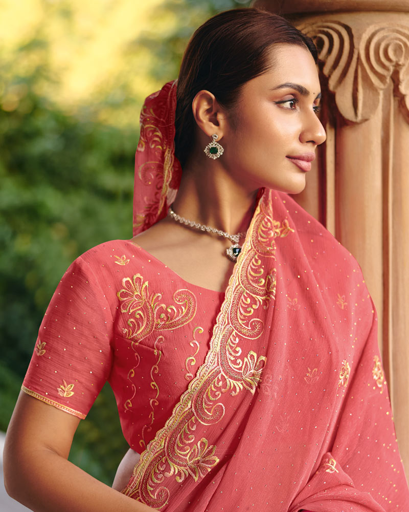 Vishal Prints Peach Designer Fancy Chiffon Saree With Diamond Work And Cut Work Embroidery Border