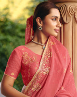 Vishal Prints Peach Designer Fancy Chiffon Saree With Diamond Work And Cut Work Embroidery Border