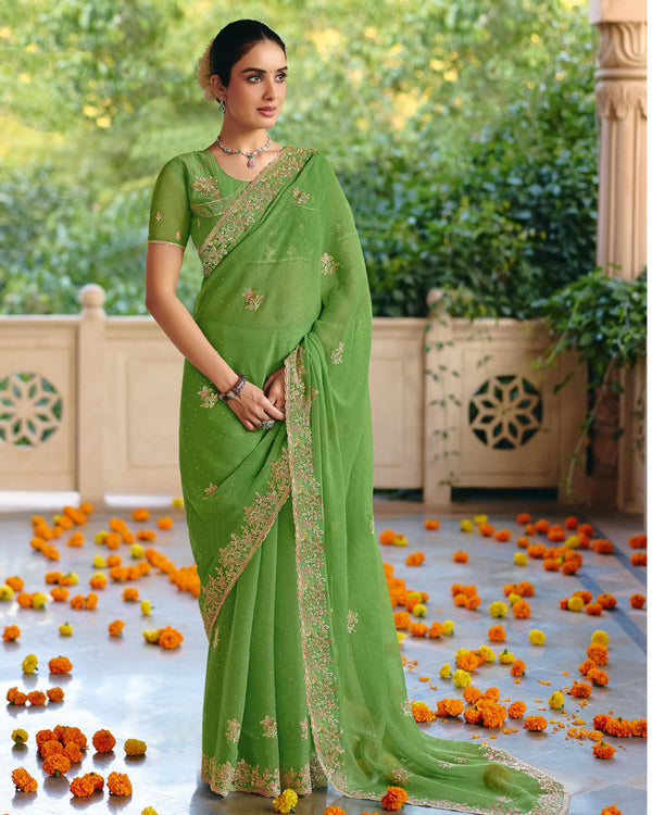 Vishal Prints Moss Green Designer Fancy Chiffon Saree With Diamond Work And Cut Work Embroidery Border