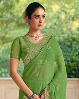 Vishal Prints Moss Green Designer Fancy Chiffon Saree With Diamond Work And Cut Work Embroidery Border