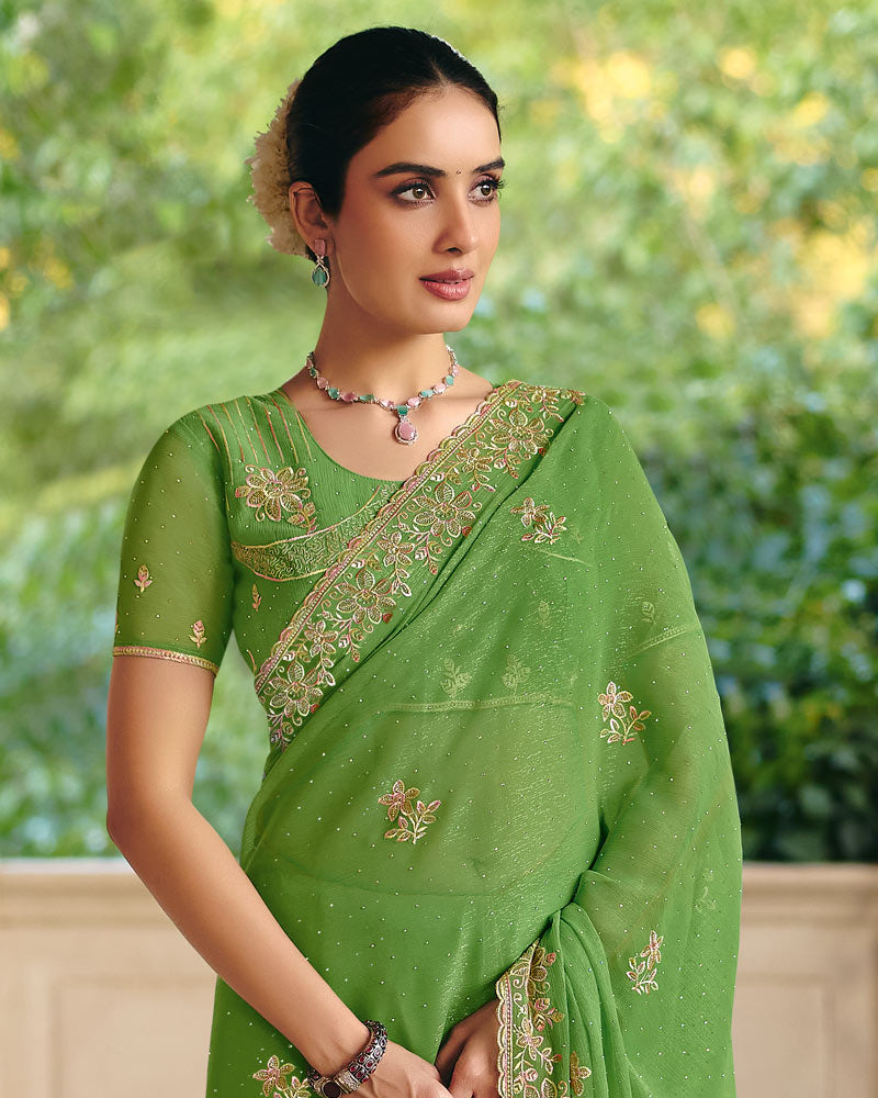 Vishal Prints Moss Green Designer Fancy Chiffon Saree With Diamond Work And Cut Work Embroidery Border