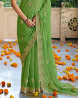 Vishal Prints Moss Green Designer Fancy Chiffon Saree With Diamond Work And Cut Work Embroidery Border