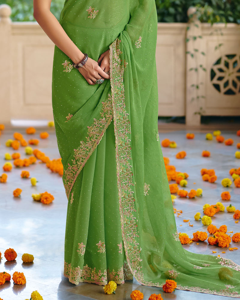 Vishal Prints Moss Green Designer Fancy Chiffon Saree With Diamond Work And Cut Work Embroidery Border