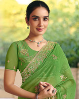 Vishal Prints Moss Green Designer Fancy Chiffon Saree With Diamond Work And Cut Work Embroidery Border