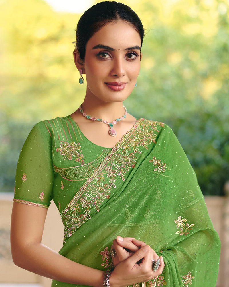 Vishal Prints Moss Green Designer Fancy Chiffon Saree With Diamond Work And Cut Work Embroidery Border