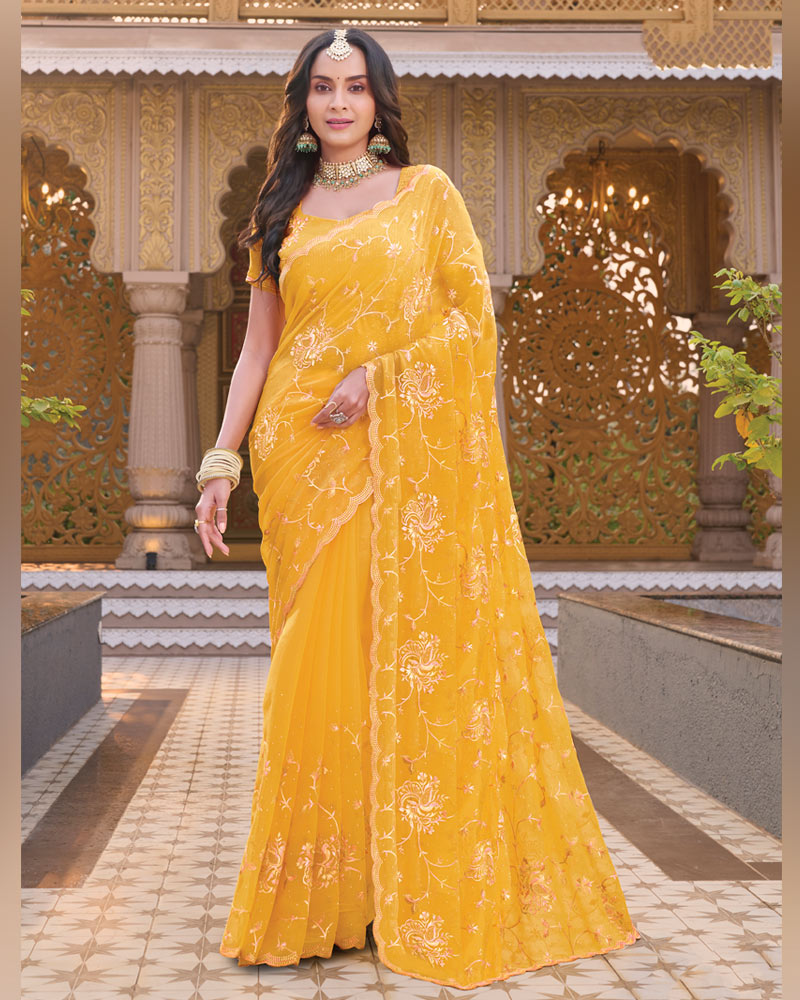 Tulip Yellow Designer Shimmer Chiffon Saree With Embroidery-Diamond Work And Cut Work Border