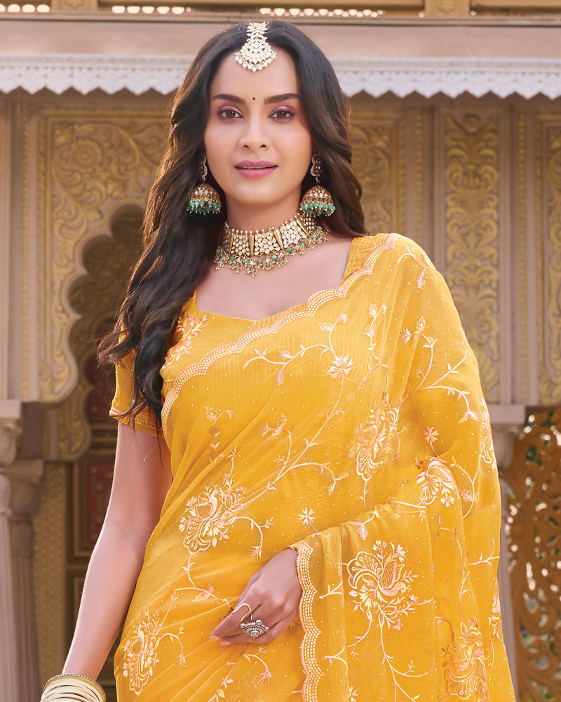 Tulip Yellow Designer Shimmer Chiffon Saree With Embroidery-Diamond Work And Cut Work Border