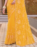 Tulip Yellow Designer Shimmer Chiffon Saree With Embroidery-Diamond Work And Cut Work Border