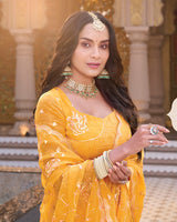 Tulip Yellow Designer Shimmer Chiffon Saree With Embroidery-Diamond Work And Cut Work Border