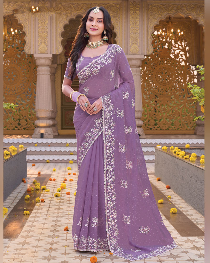 Dusty Purple Designer Shimmer Chiffon Saree With Embroidery-Diamond Work And Cut Work Border