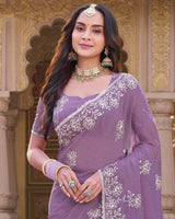 Dusty Purple Designer Shimmer Chiffon Saree With Embroidery-Diamond Work And Cut Work Border