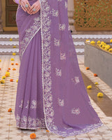 Dusty Purple Designer Shimmer Chiffon Saree With Embroidery-Diamond Work And Cut Work Border