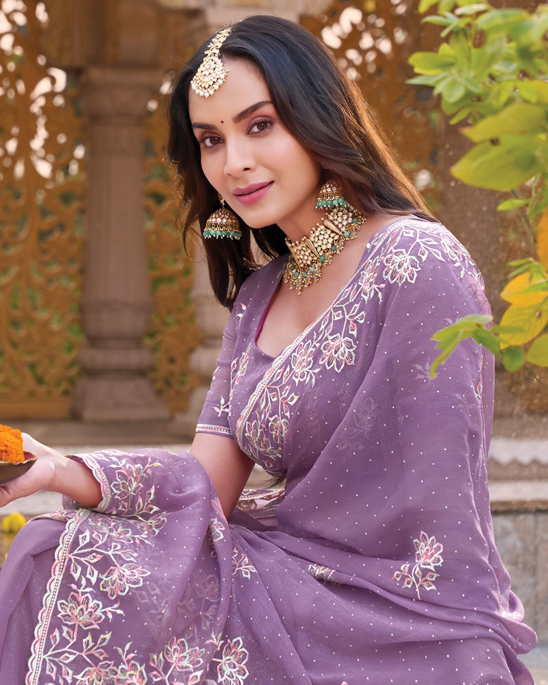 Dusty Purple Designer Shimmer Chiffon Saree With Embroidery-Diamond Work And Cut Work Border