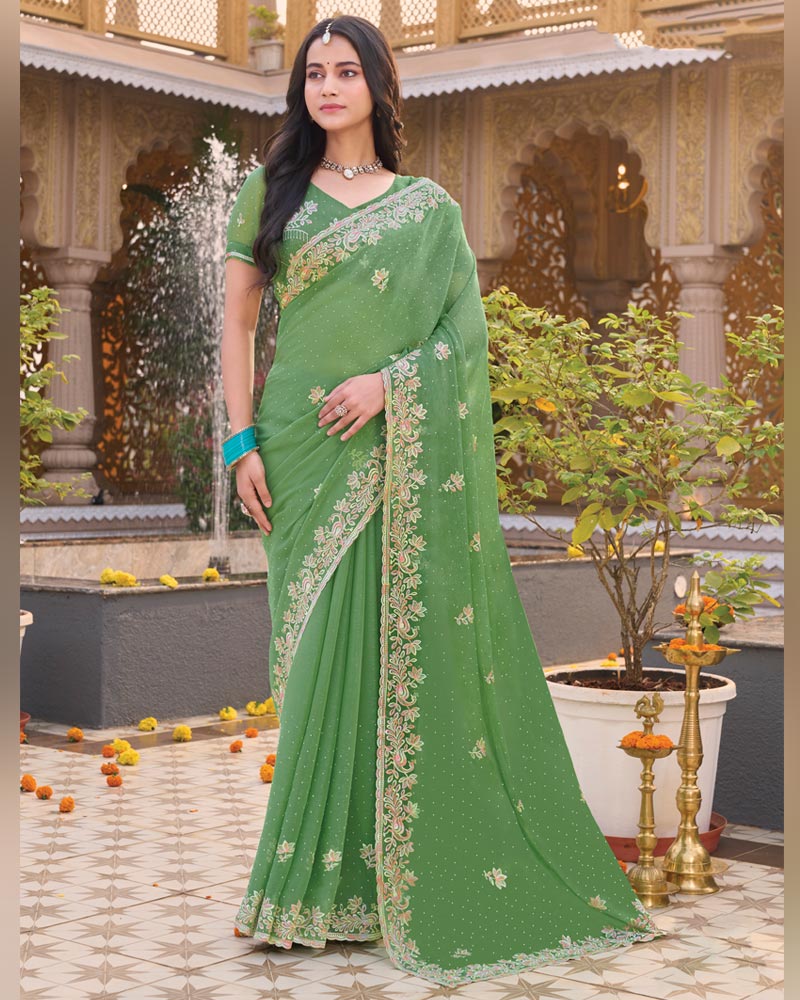 Dark Sage Green Designer Shimmer Chiffon Saree With Embroidery-Diamond Work And Cut Work Border