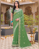 Dark Sage Green Designer Shimmer Chiffon Saree With Embroidery-Diamond Work And Cut Work Border