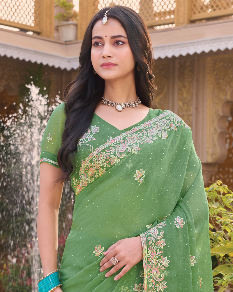 Dark Sage Green Designer Shimmer Chiffon Saree With Embroidery-Diamond Work And Cut Work Border