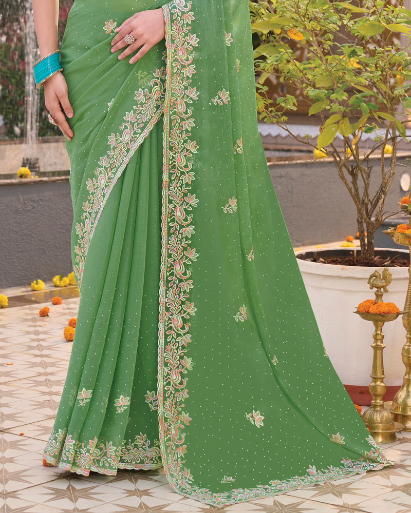 Dark Sage Green Designer Shimmer Chiffon Saree With Embroidery-Diamond Work And Cut Work Border