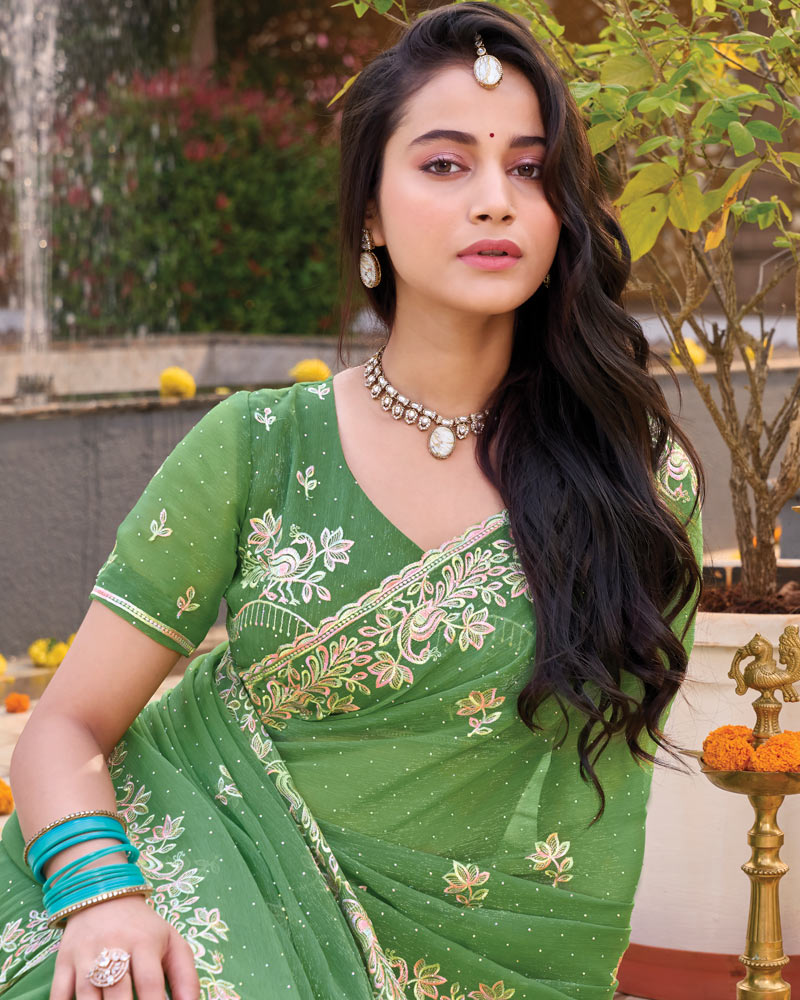 Dark Sage Green Designer Shimmer Chiffon Saree With Embroidery-Diamond Work And Cut Work Border