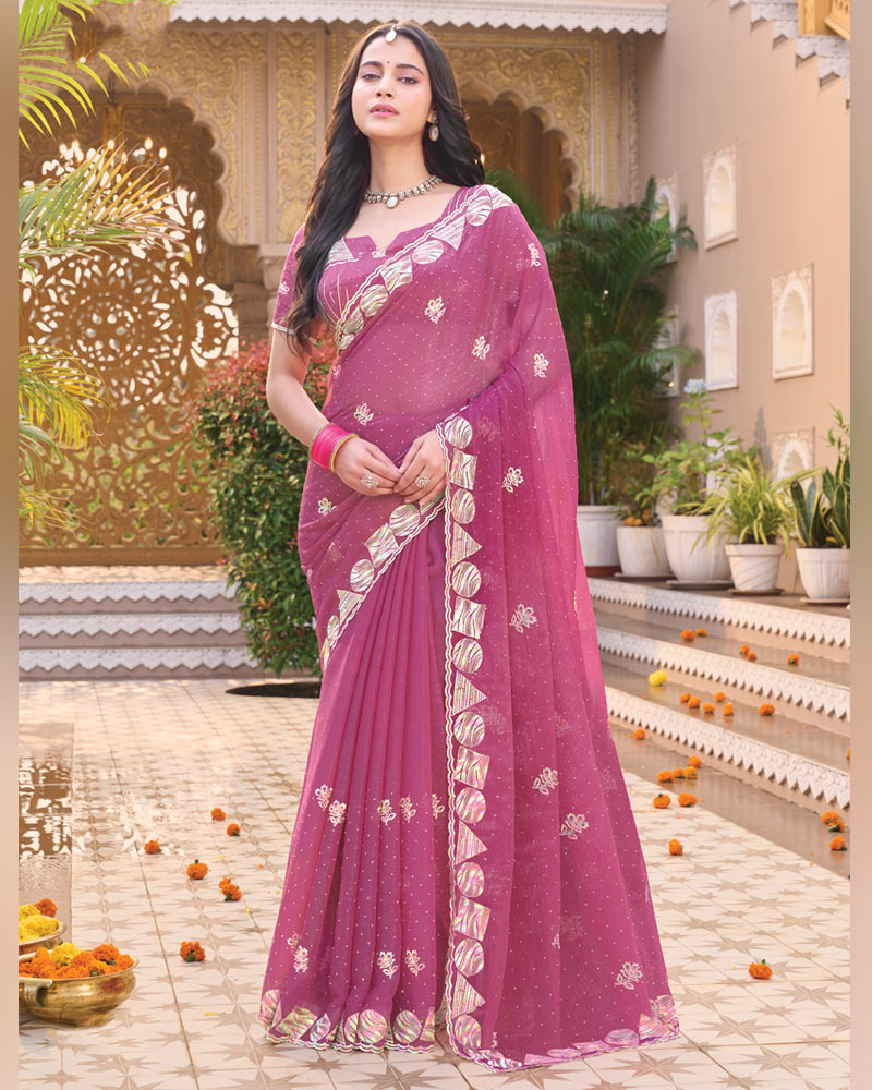 Tulip Pink Designer Shimmer Chiffon Saree With Embroidery-Diamond Work And Cut Work Border