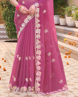 Tulip Pink Designer Shimmer Chiffon Saree With Embroidery-Diamond Work And Cut Work Border