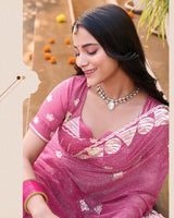 Tulip Pink Designer Shimmer Chiffon Saree With Embroidery-Diamond Work And Cut Work Border