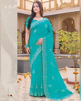 Persian Green Designer Shimmer Chiffon Saree With Embroidery-Diamond Work And Cut Work Border
