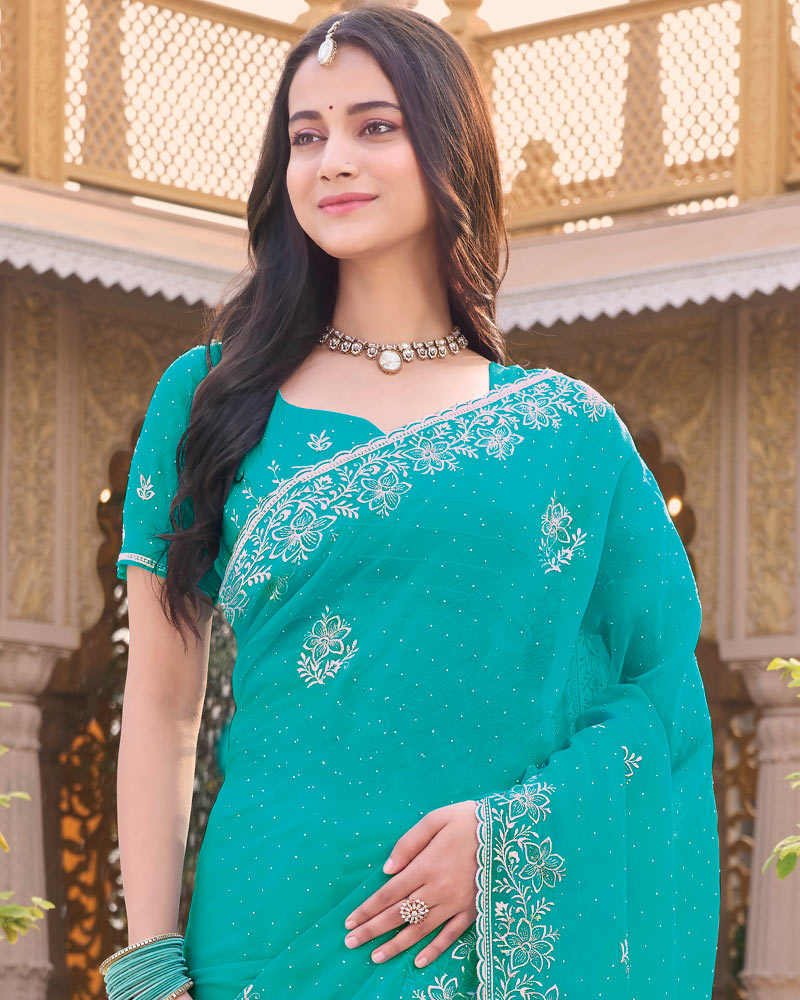 Persian Green Designer Shimmer Chiffon Saree With Embroidery-Diamond Work And Cut Work Border
