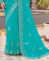 Persian Green Designer Shimmer Chiffon Saree With Embroidery-Diamond Work And Cut Work Border