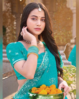 Persian Green Designer Shimmer Chiffon Saree With Embroidery-Diamond Work And Cut Work Border