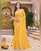 Indian Yellow Designer Shimmer Chiffon Saree With Embroidery-Diamond Work And Cut Work Border