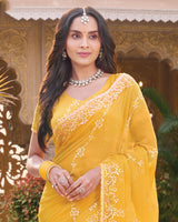 Indian Yellow Designer Shimmer Chiffon Saree With Embroidery-Diamond Work And Cut Work Border