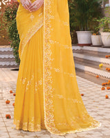 Indian Yellow Designer Shimmer Chiffon Saree With Embroidery-Diamond Work And Cut Work Border